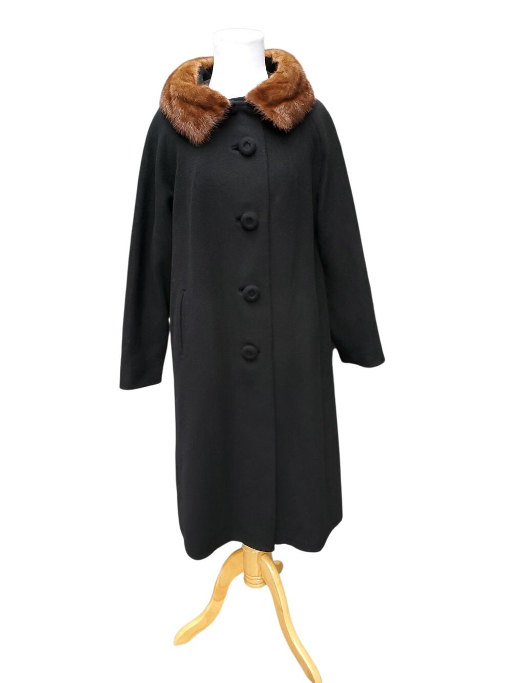 Vintage Black Wool Overcoat Coat Fur Collar Mob Wife Old Money Winter Glam M/L